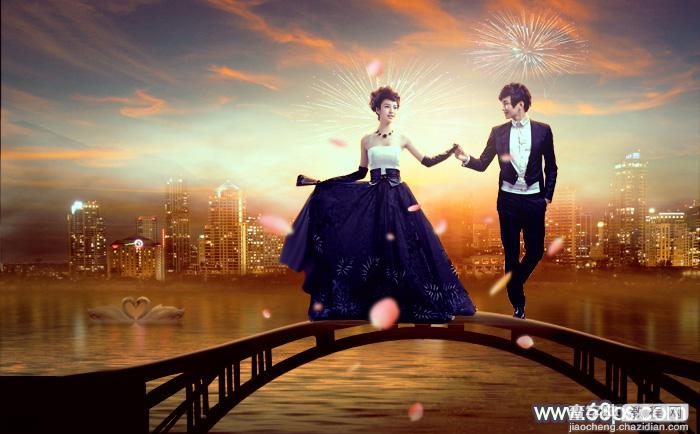 Photoshop合成制作站在拱桥上的华丽夜景婚片1
