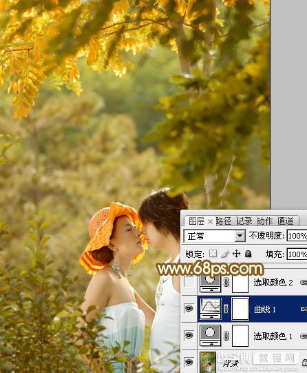 Photoshop将树林情侣图片增加上柔和秋季粉黄色8