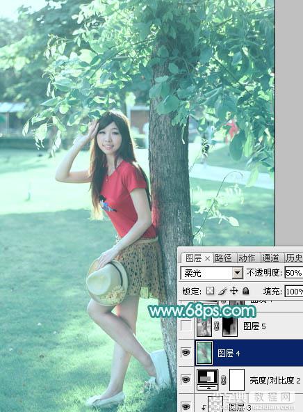 Photoshop为树荫下的美女图片加上清爽的青绿色35