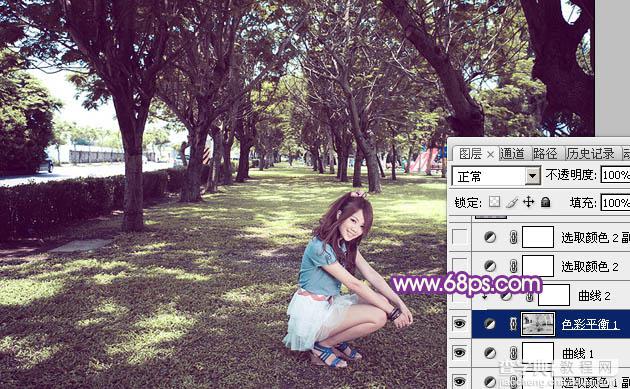 Photoshop为树林下草中的美女调制出淡美的黄紫色18