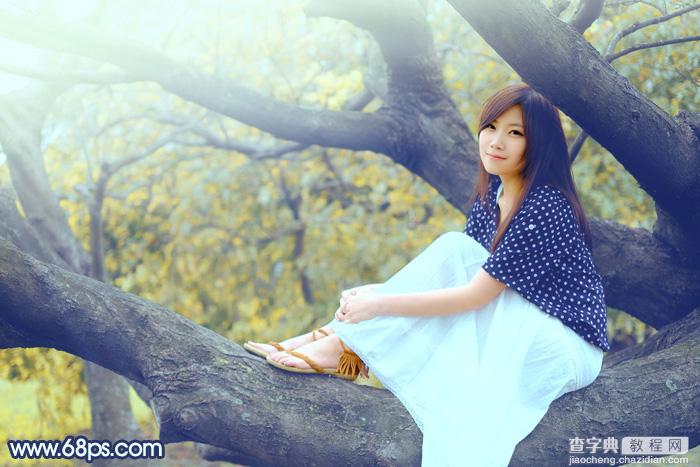 Photoshop为坐树枝上的美女调制出小清新的蓝黄色2