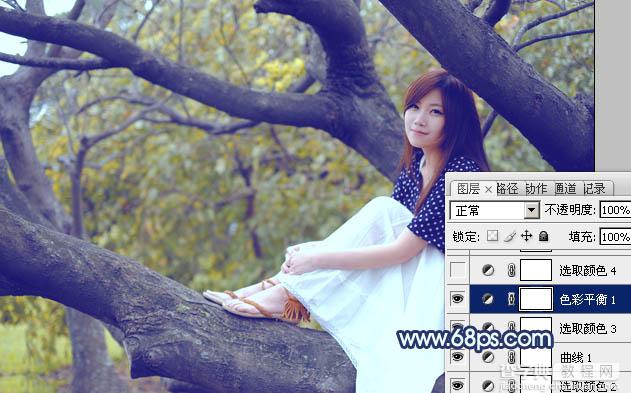 Photoshop为坐树枝上的美女调制出小清新的蓝黄色22