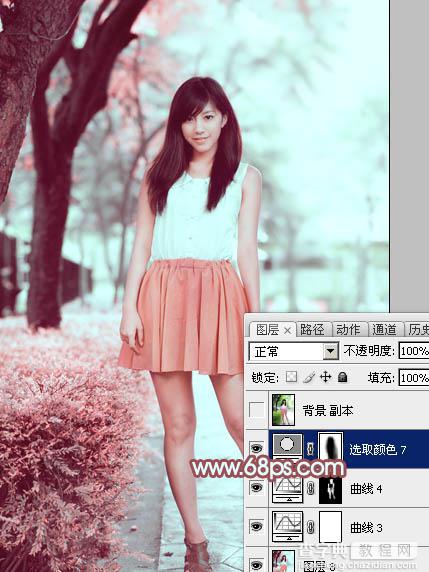 Photoshop为树下的美女图片调制出甜美的粉调青红色45