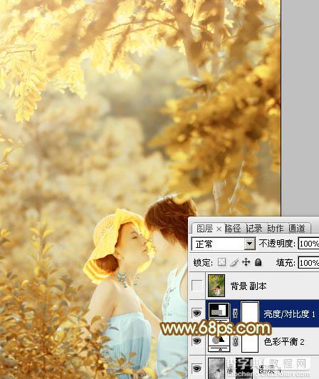Photoshop将树林情侣图片增加上柔和秋季粉黄色39