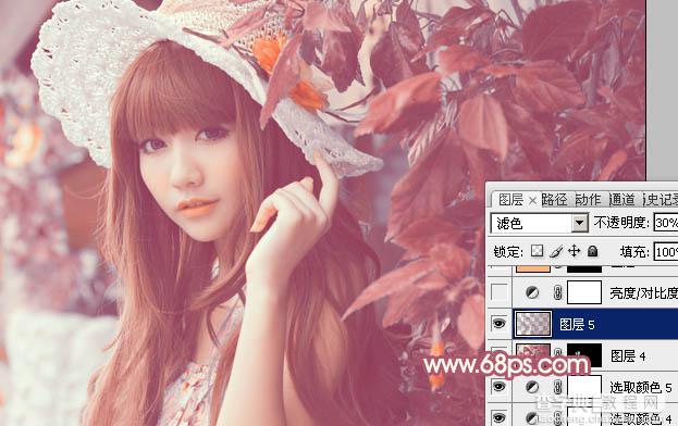 Photoshop将树叶下的美女图片增加上甜美的橙色效果34