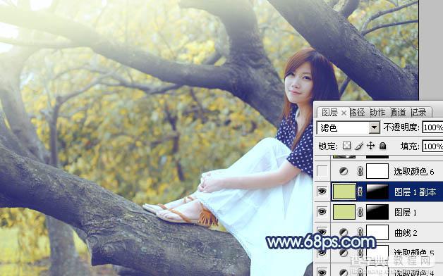 Photoshop为坐树枝上的美女调制出小清新的蓝黄色35