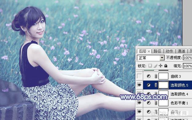 Photoshop将花草中的美女加上唯美梦幻的青蓝色31
