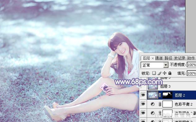 Photoshop为绿草中的美女加上梦幻的青蓝色29