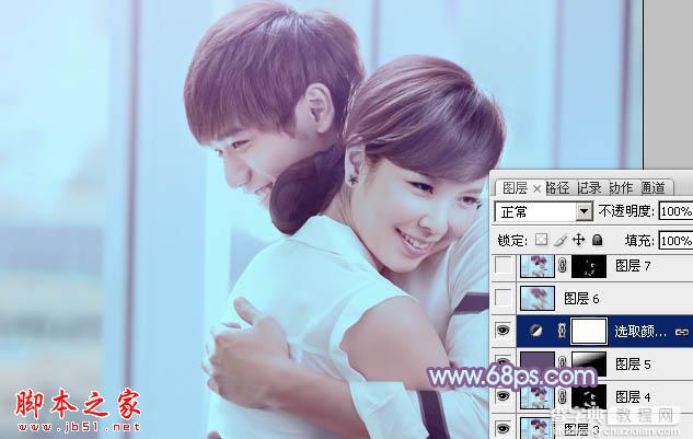 Photoshop将室内情侣图片调制出流行的韩系淡蓝色30