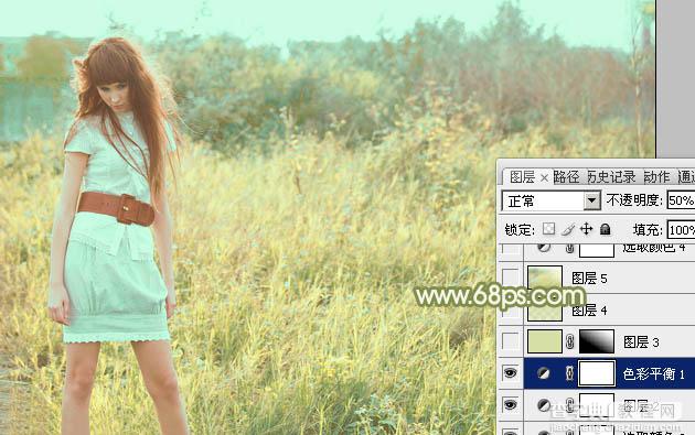 Photoshop将草地人物图片增加淡美清新的青黄色32