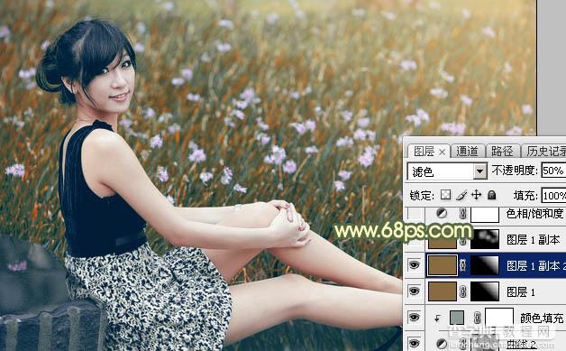 Photoshop为草地上的美女加上古典暗调青黄色36