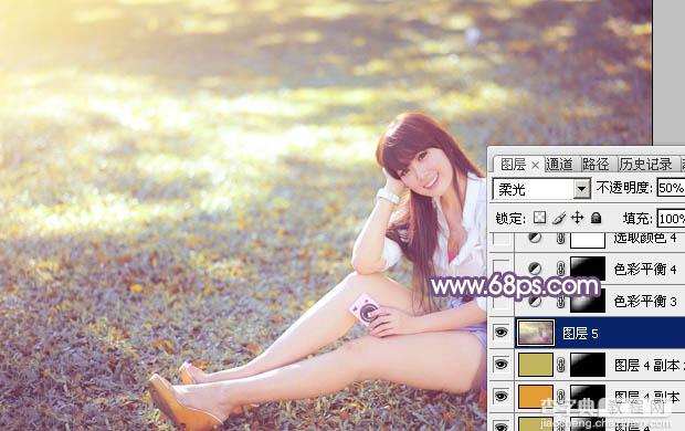 Photoshop为草地上的美女调制明快的秋季蓝黄色38