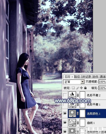 Photoshop将房檐下的美女增加古典暗蓝色效果18