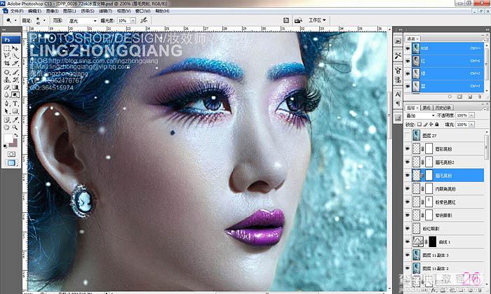Photoshop为室内美女打造完美的冬季冷色彩妆效果29