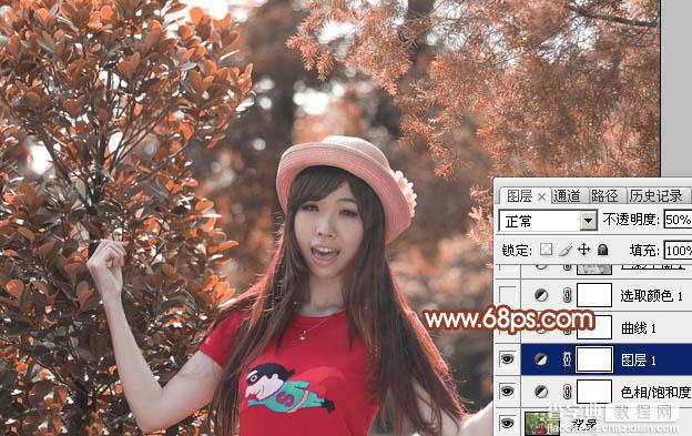 Photoshop打造唯美的橙红色树林人物图片7