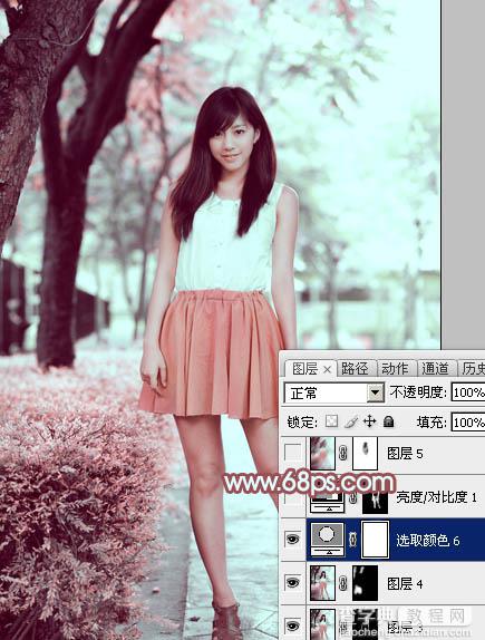 Photoshop为树下的美女图片调制出甜美的粉调青红色38