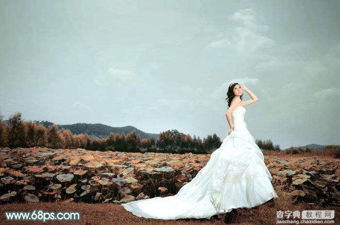 Photoshop为荷塘边的美女加上古典青色调2