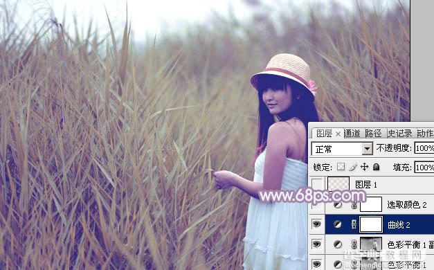 Photoshop将芦苇美女图片打造唯美的秋季冷色蓝紫色14