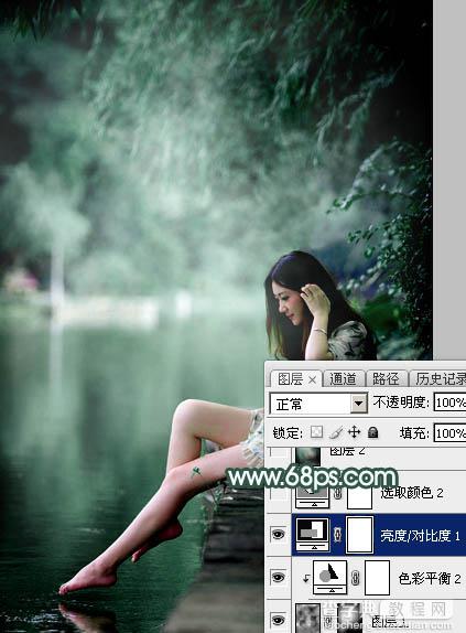 Photoshop为湖边的美女调制出童话中的梦幻青色调22