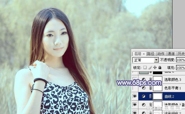 Photoshop将绿树边的美女调制出淡美的蓝黄色22