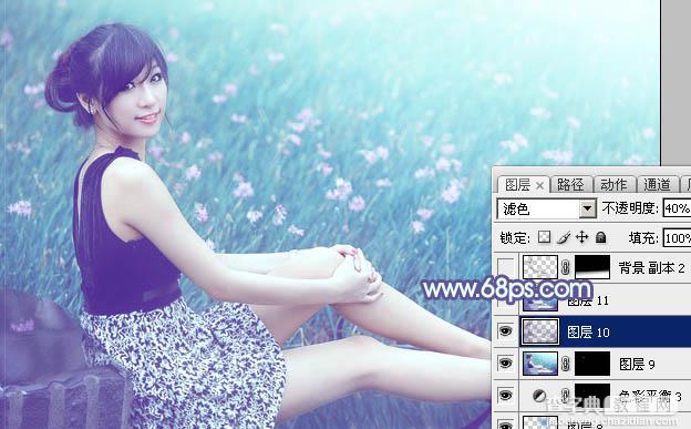 Photoshop将花草中的美女加上唯美梦幻的青蓝色37