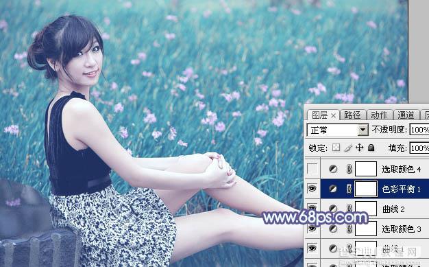 Photoshop将花草中的美女加上唯美梦幻的青蓝色24