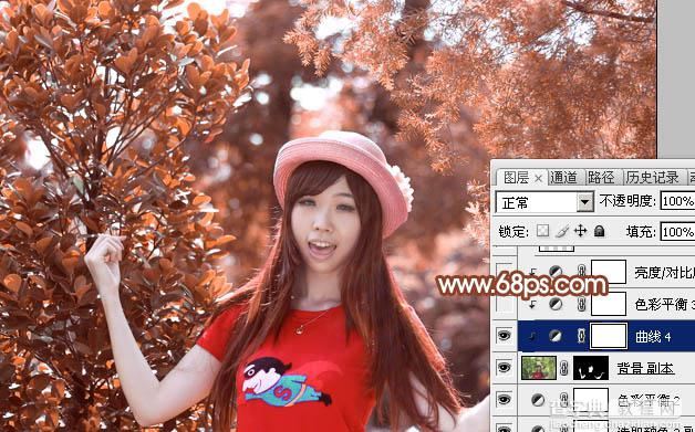 Photoshop打造唯美的橙红色树林人物图片38