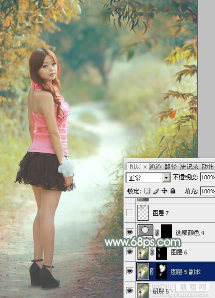 Photoshop为树林中的红衣美女加上漂亮的秋季色38