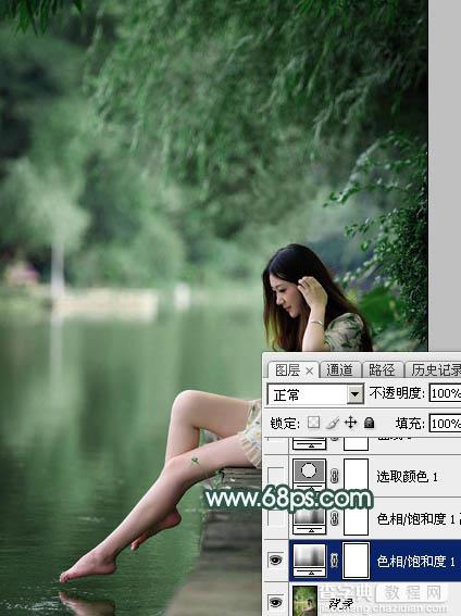 Photoshop为湖边的美女调制出童话中的梦幻青色调5