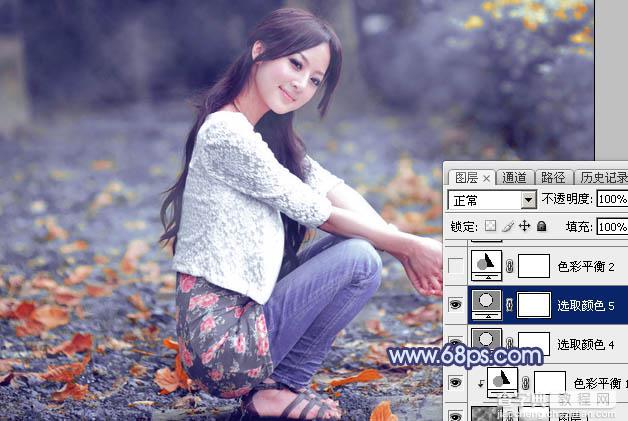 Photoshop将外景美女图片打造出甜美的深秋暗蓝色效果44