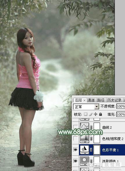 Photoshop为林间路上的美女添加梦幻的冷色绿色调19