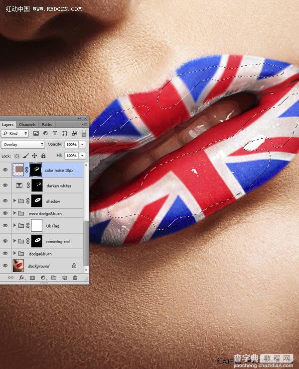 Photoshop为红色嘴唇增加个性米字国旗彩绘18
