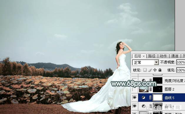 Photoshop为荷塘边的美女加上古典青色调32