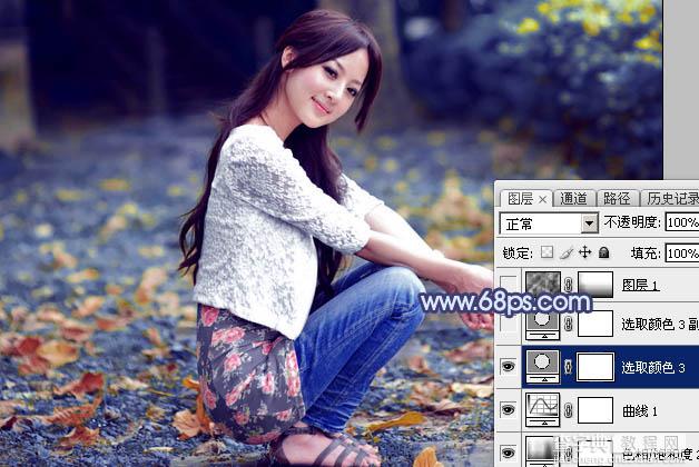 Photoshop将外景美女图片打造出甜美的深秋暗蓝色效果26