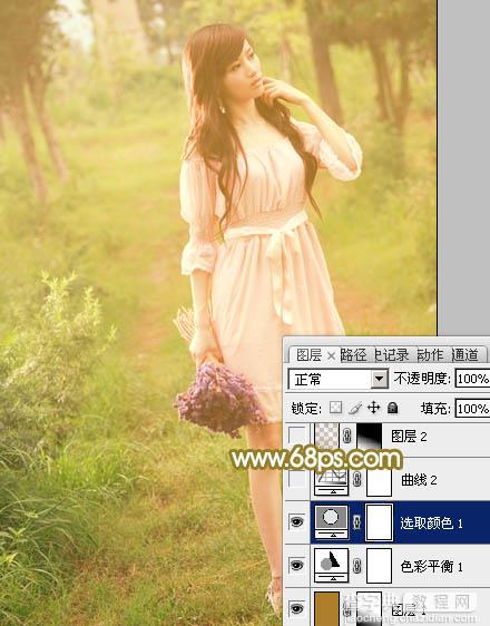 Photoshop将树林人物图片调制出朦胧的淡黄色效果17