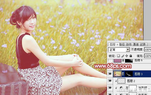 Photoshop为草地上的美女加上小清新的粉黄色34