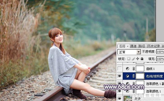 Photoshop为铁轨上的美女加上甜美的中性粉调蓝黄色10
