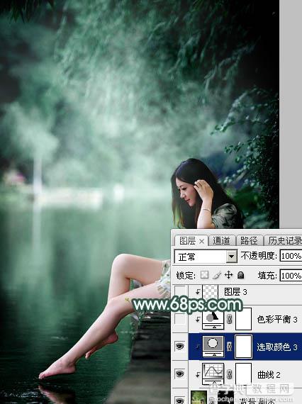 Photoshop为湖边的美女调制出童话中的梦幻青色调34