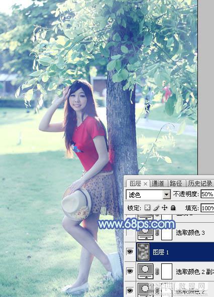 Photoshop为树边的女孩增加流行的淡调青蓝色25