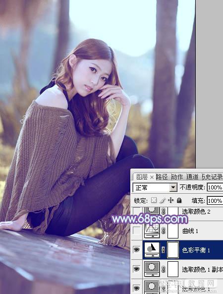 Photoshop将树林中的美女图片增加柔和的冷色(蓝紫色)12