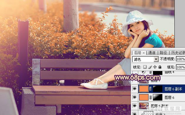Photoshop为公园长凳上的美女加上唯美的深秋橙褐色44