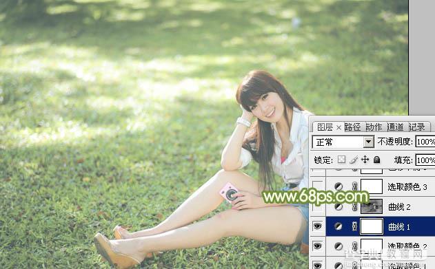 Photoshop将绿草上的美女打造出甜美的韩系淡绿色14
