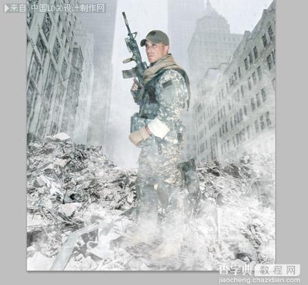 Photoshop合成士兵站在战争蹂躏的上的冷色调海报13