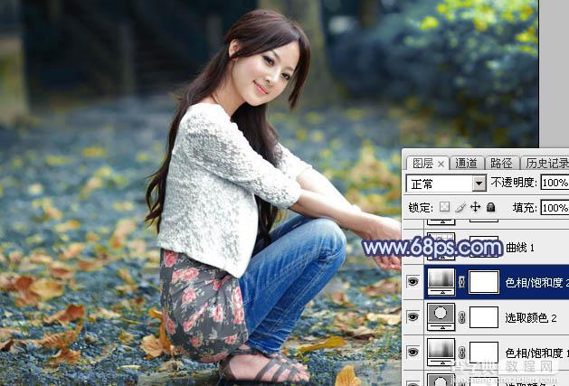 Photoshop将外景美女图片打造出甜美的深秋暗蓝色效果19