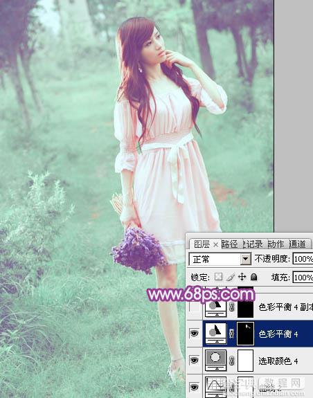 Photoshop将树林美女图片调制出柔美的淡调青绿色34