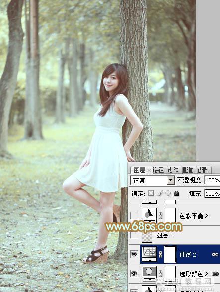Photoshop将树林美女图片调制出柔和淡雅的黄绿色23