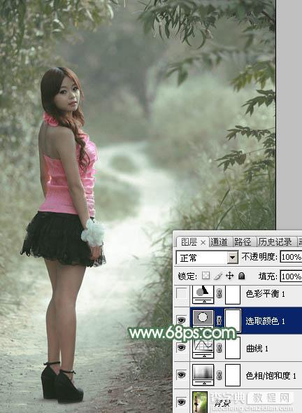 Photoshop为林间路上的美女添加梦幻的冷色绿色调15