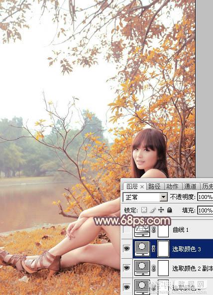 Photoshop为河边的美女加上漂亮的秋季粉红色18