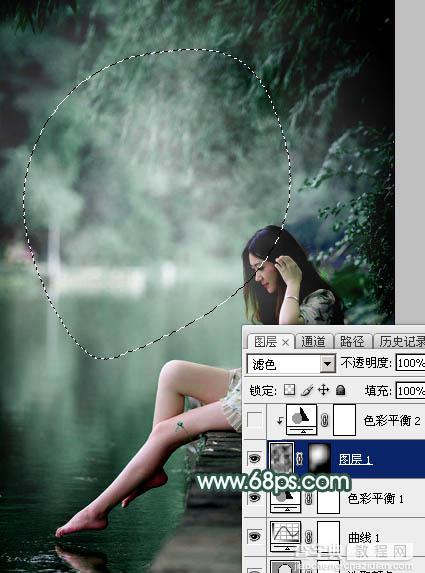 Photoshop为湖边的美女调制出童话中的梦幻青色调17