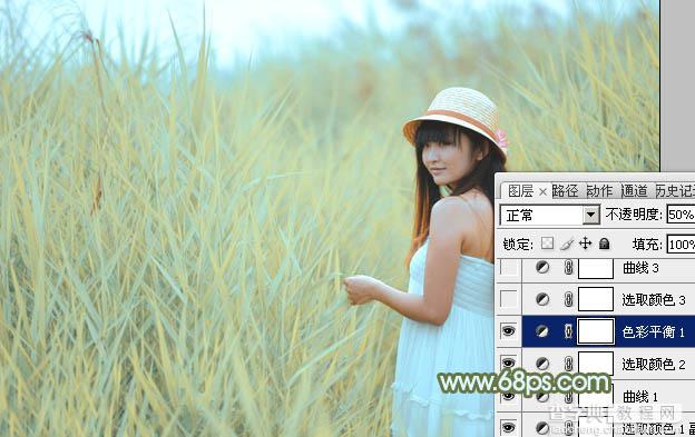 Photoshop给芦苇中的美女加上淡美清新的青黄色20